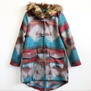BB Dakota Multicolor Patterned Trench Coat with Faux Fur Hood